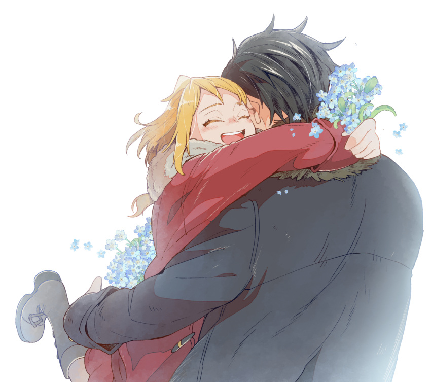 1boy, 1girl, :d, black_coat, black_footwear, black_hair, blonde_hair, boots