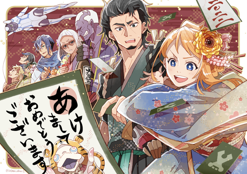 3girls, 5boys, :d, alcohol, balloon, black_gloves, black_hair, blue_kimono