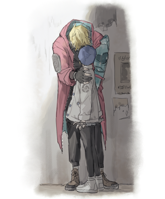 1boy, 1girl, black_gloves, blue_headwear, brown_footwear, coat, earrings, emolior_(1000mean)