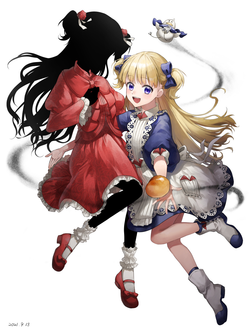 2girls, :d, absurdres, ankle_boots, apron, black_hair, black_skin, blonde_hair