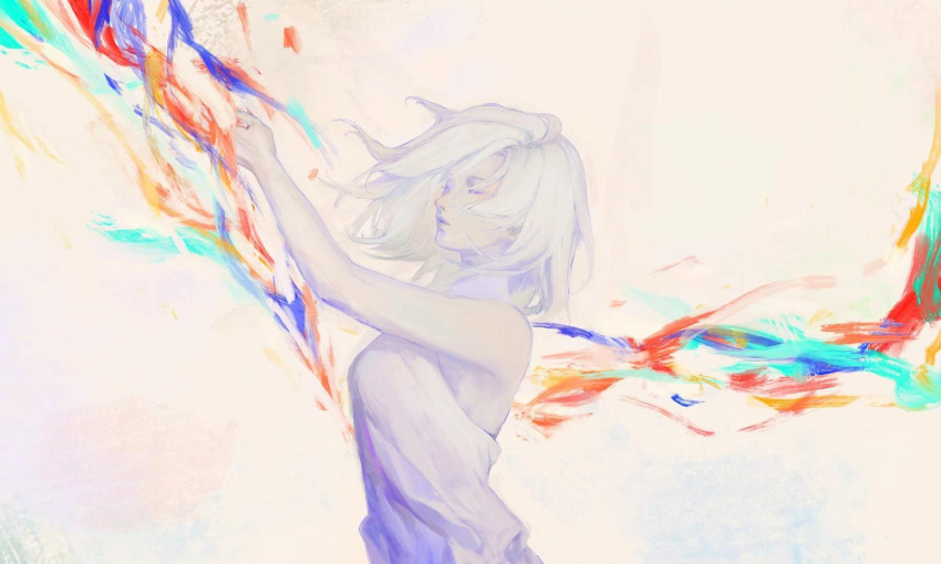 1girl, closed_eyes, colored_skin, hand_up, highres, medium_hair, original, parted_lips, shirt, sleeveless, solo, upper_body, watanabe_kawa, white_background, white_hair, white_shirt, white_skin