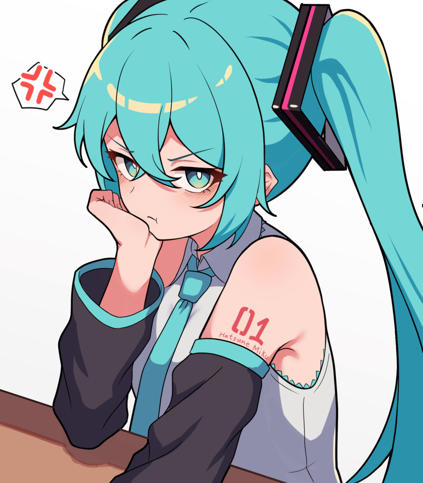 1girl, anger_vein, aqua_eyes, aqua_hair, aqua_necktie, bare_shoulders, bright_pupils, character_name