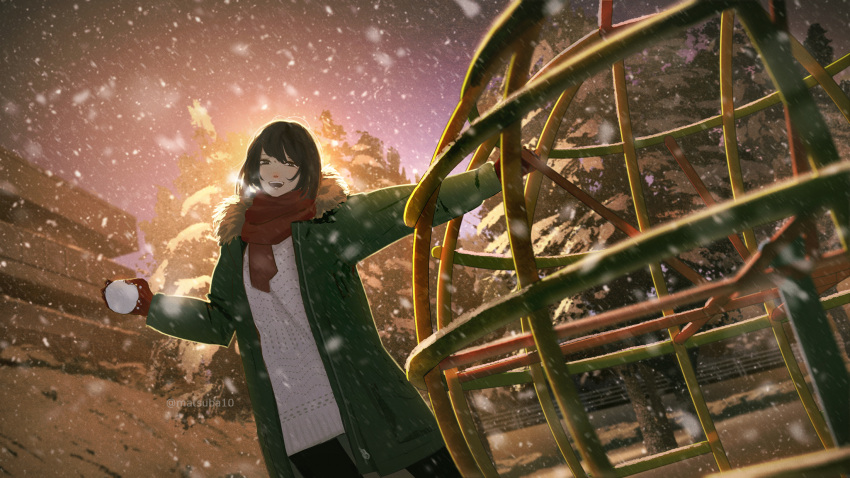 1girl, :d, black_hair, breath, gloves, highres, hirokima, jacket