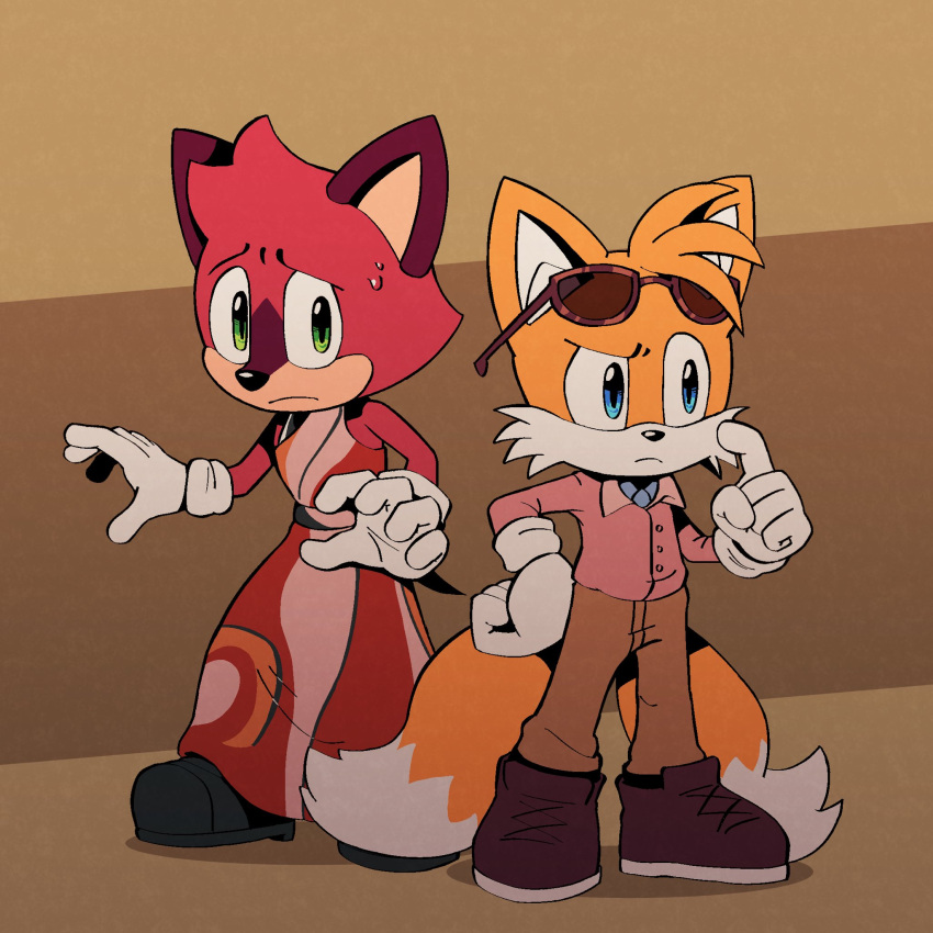 2boys, animal_ears, animal_nose, benoit_blanc, benoit_blanc_(cosplay), black_footwear, blue_eyes, body_fur, brown_background, brown_pants, closed_mouth, commentary, cooki_bob, cosplay, dress, english_commentary, eyewear_on_head, fox_boy, fox_ears, fox_tail, frown, full_body, furry, furry_male, glass_onion, gloves, green_eyes, hand_on_own_hip, helen_brand, helen_brand_(cosplay), highres, long_sleeves, male_focus, multicolored_clothes, multicolored_dress, multiple_boys, multiple_tails, pants, pink_shirt, protagonist_(the_murder_of_sonic_the_hedgehog), shirt, shoes, simple_background, sonic_(series), standing, sunglasses, tail, tails_(sonic), the_murder_of_sonic_the_hedgehog, two_tails, white_fur, white_gloves