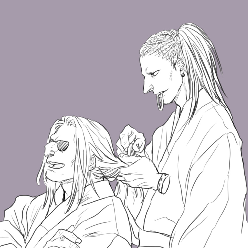 2boys, crossed_arms, disembodied_limb, ear_piercing, earrings, grey_background, highres, hunter_x_hunter