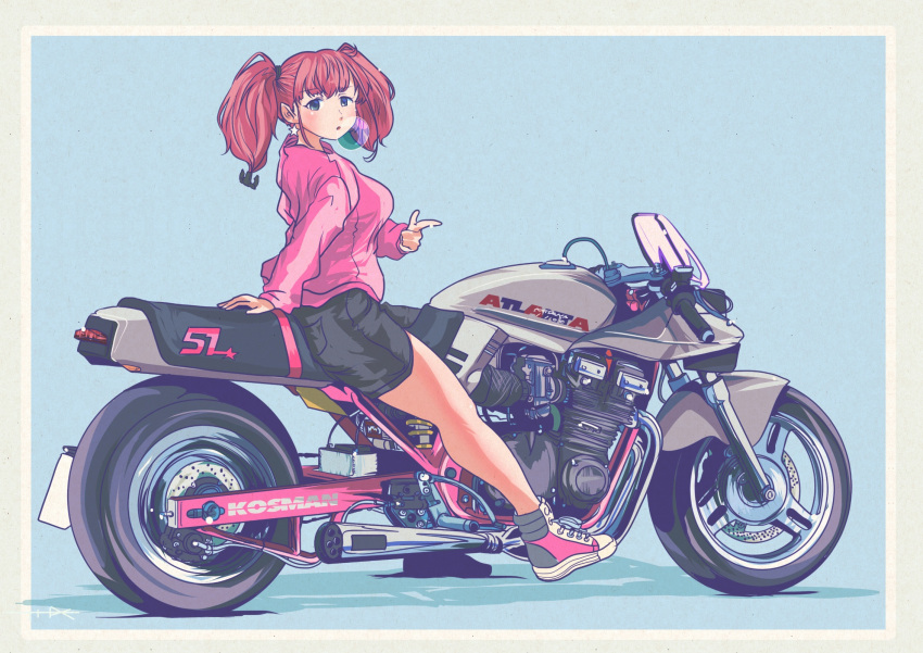 1girl, alternate_costume, anchor_hair_ornament, atlanta_(kancolle), black_shorts, blue_background, brown_hair, character_name, commentary_request, finger_gun, full_body, grey_eyes, hair_ornament, highres, jacket, kantai_collection, long_hair, motor_vehicle, motorcycle, on_motorcycle, pink_footwear, pink_jacket, riding, shoes, shorts, sneakers, solo, suzuki_(company), suzuki_katana, thrux, twintails