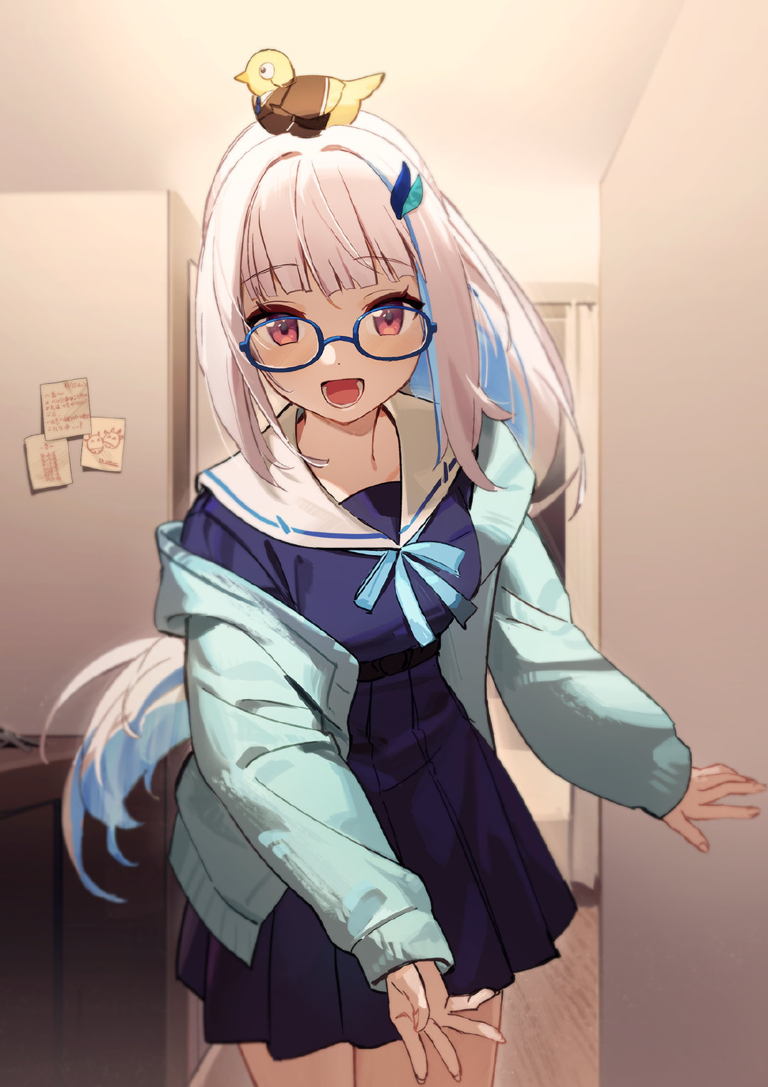 1girl, aqua_cardigan, aqua_ribbon, blue-framed_eyewear, blue_hair, blunt_bangs, blush, cardigan