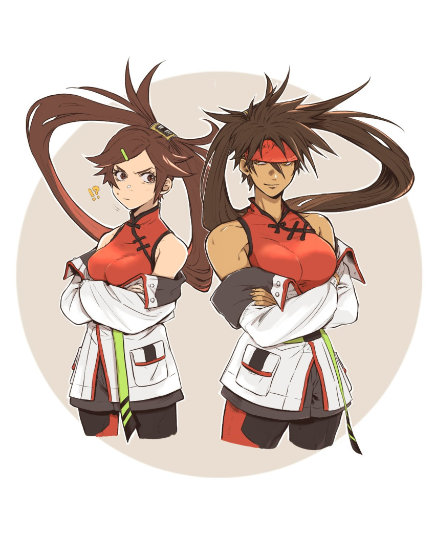 !?, 2girls, bare_shoulders, breasts, brown_eyes, brown_hair, compass_rose_halo, cosplay