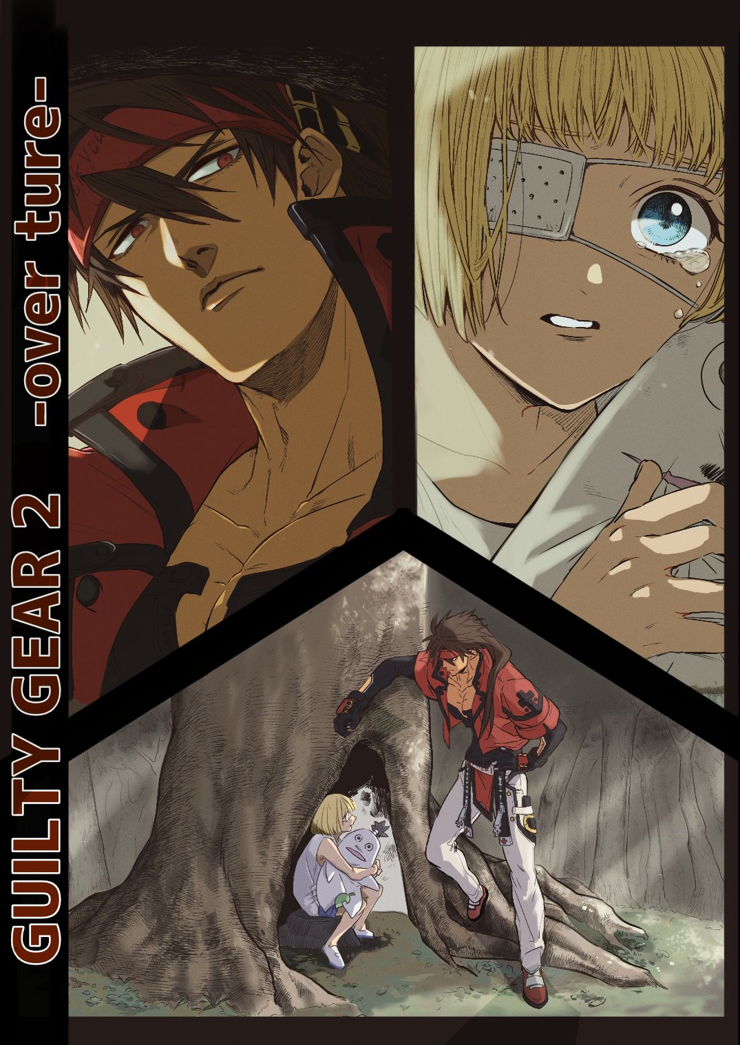 2boys, black_gloves, blonde_hair, blue_eyes, brown_hair, eyepatch, forehead_protector, gloves