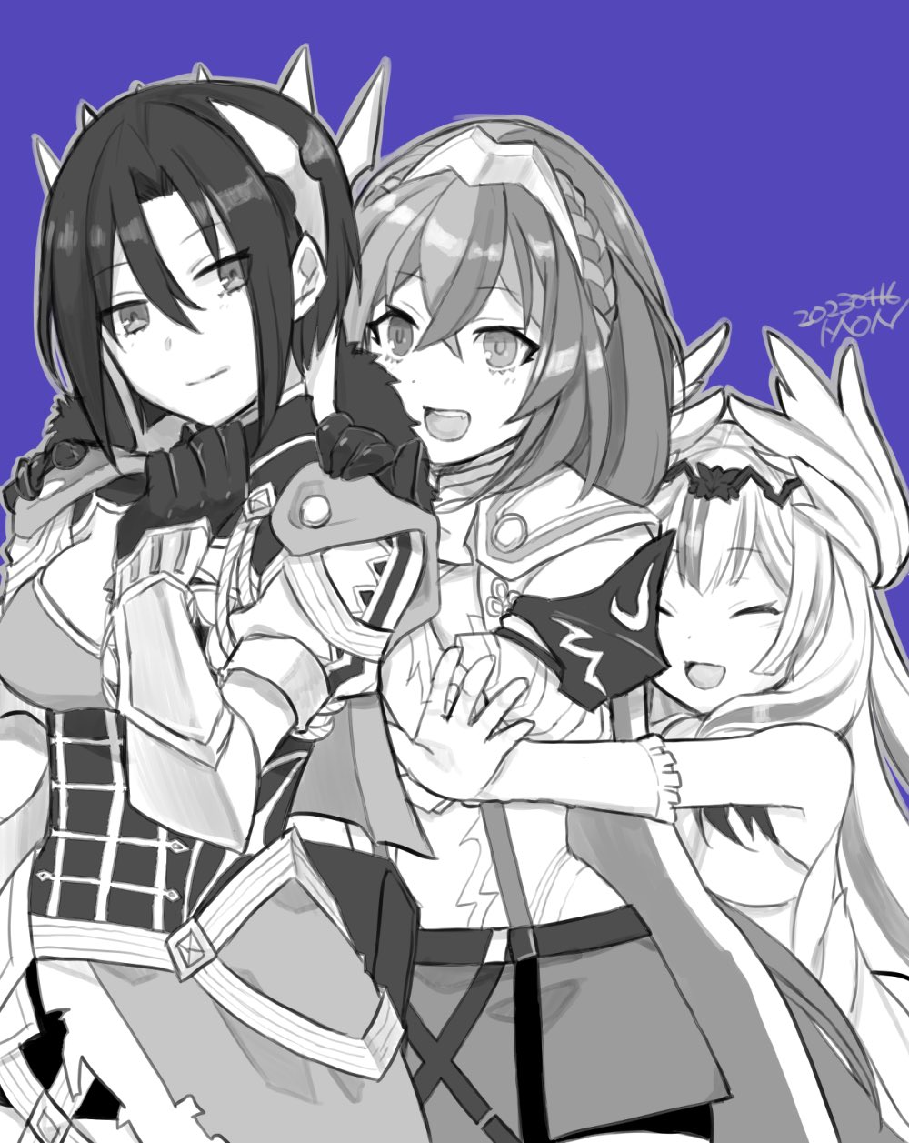 3girls, :d, alear_(female)_(fire_emblem), alear_(fire_emblem), black_hair, blue_background, closed_mouth, fire_emblem