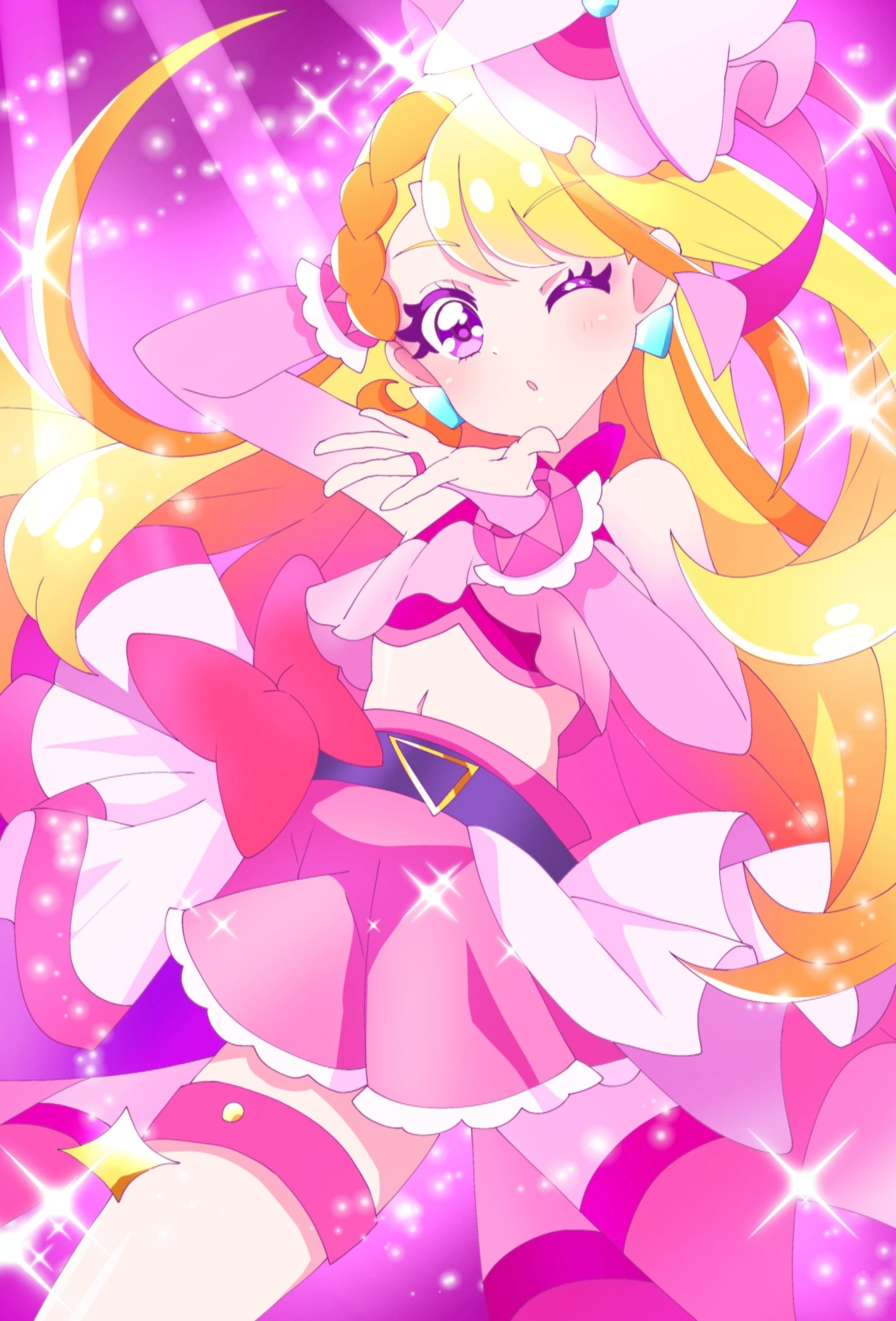 1girl, :o, arm_up, blonde_hair, blowing_kiss, blush, bow, bracelet