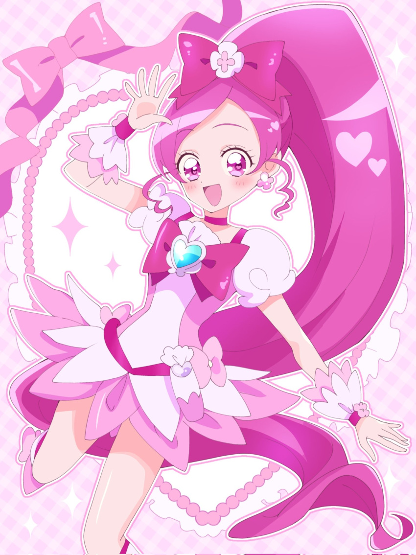 argyle, argyle_background, boots, bow, brooch, choker, cure_blossom, gradient_background