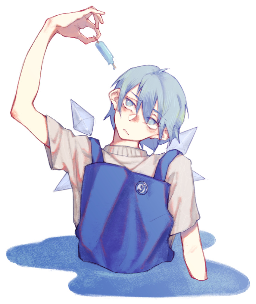 1girl, absurdres, adapted_costume, arm_up, blue_dress, blue_eyes, blue_hair, cirno