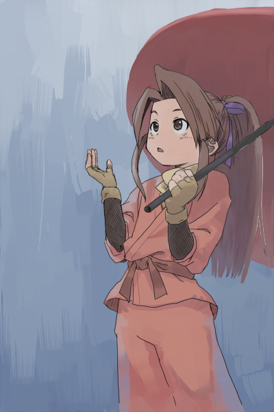 1girl, brown_eyes, brown_hair, fingerless_gloves, foot_out_of_frame, fujibayashi_suzu, gloves, long_hair