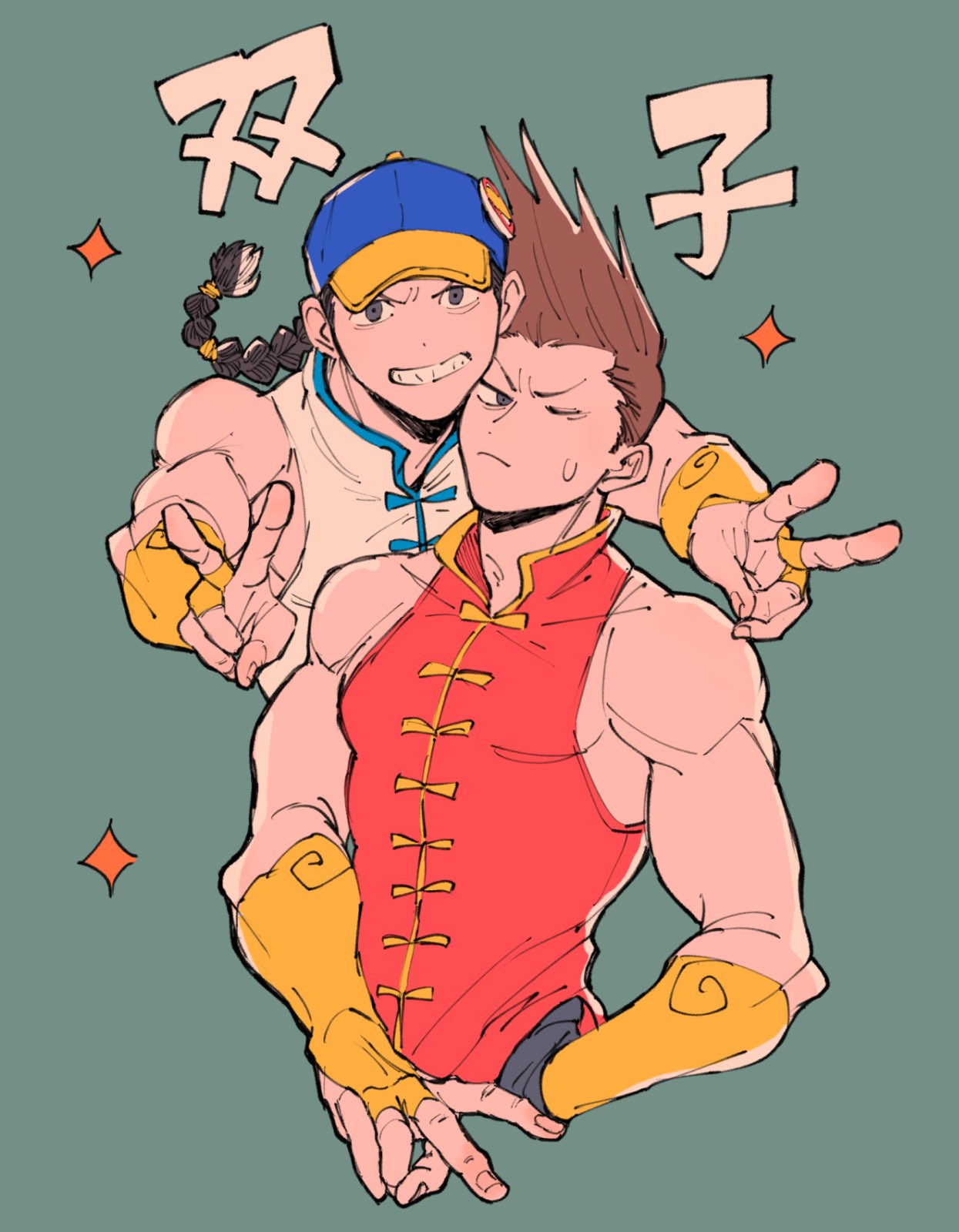 2boys, amagayu0104, baseball_cap, braid, brown_hair, chinese_clothes, double_v, hand_in_pocket, hat, highres, multiple_boys, shirt, single_braid, sleeveless, sleeveless_shirt, street_fighter, street_fighter_iii_(series), v, yang_lee, yun_lee