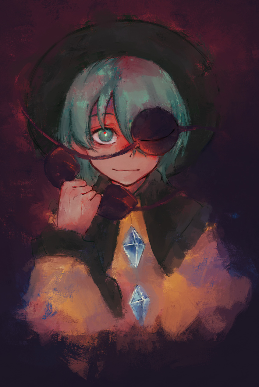 1girl, absurdres, closed_mouth, cropped_torso, dark_background, green_eyes, green_hair, hand_up