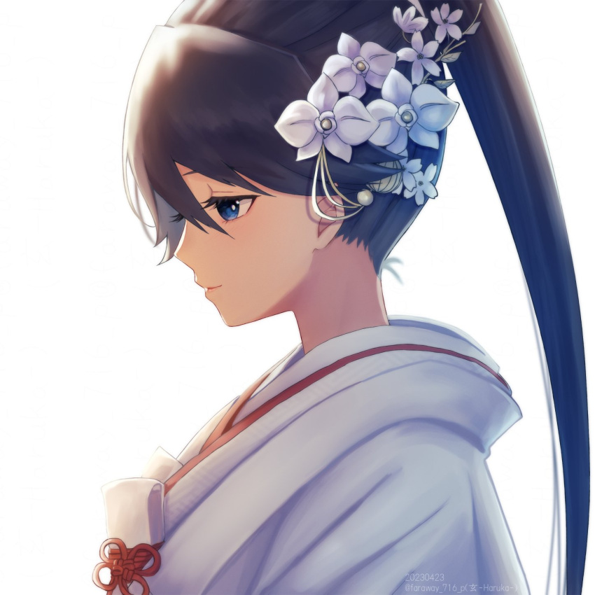 1girl, artist_name, black_hair, blue_eyes, closed_mouth, dated, flower, from_side