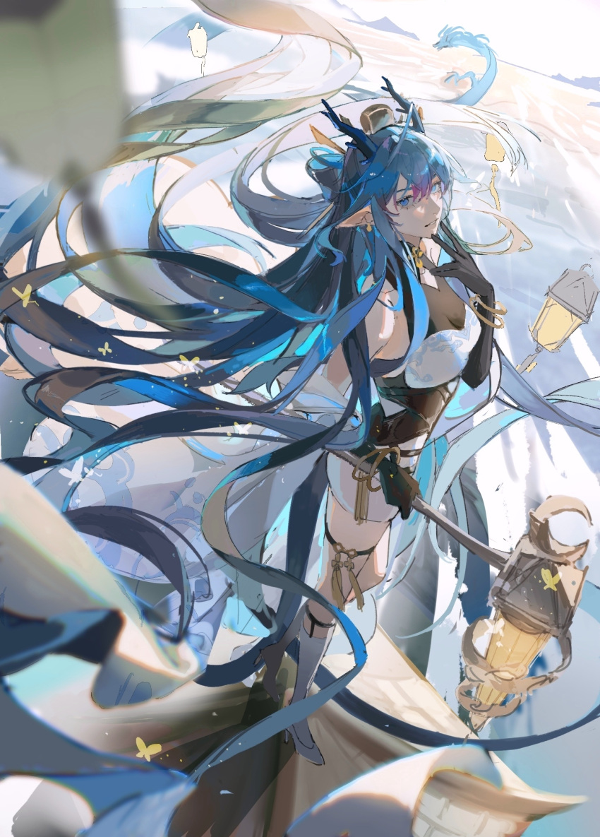 1girl, arknights, black_dress, black_gloves, blue_hair, blurry, blurry_foreground, boots, bracelet, breasts, bug, butterfly, chinese_commentary, commentary_request, dragon, dragon_girl, dragon_horns, dress, eastern_dragon, full_body, gloves, hand_up, heqing, highres, holding, holding_staff, horns, jewelry, knee_boots, lantern, ling_(arknights), long_hair, medium_breasts, outdoors, pointy_ears, sidelocks, solo, staff, thigh_strap, two-tone_dress, very_long_hair, walking, walking_on_liquid, white_dress, white_footwear, yellow_butterfly