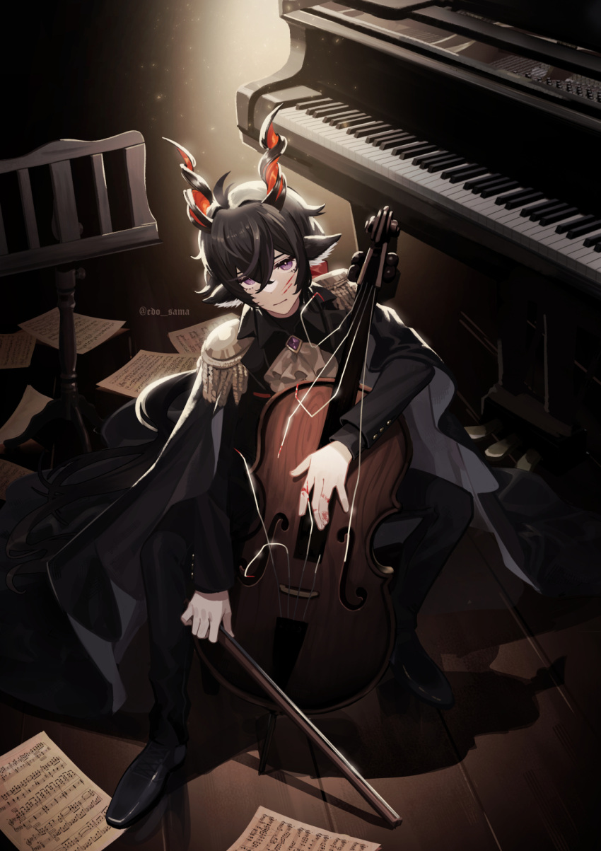 1boy, animal_ears, arknights, ascot, black_hair, black_suit, blood, blood_on_face, blood_on_hands, bow_(music), broken_string, brooch, cello, commentary, crossed_bangs, crossed_legs, ebenholz_(arknights), edo-sama, epaulettes, formal, frown, full_body, goat_boy, goat_ears, goat_horns, highres, holding, holding_bow_(music), holding_instrument, horns, instrument, jewelry, male_focus, music_stand, piano, sheet_music, sidelocks, sitting, solo, suit, twitter_username, violet_eyes, white_ascot, wooden_floor