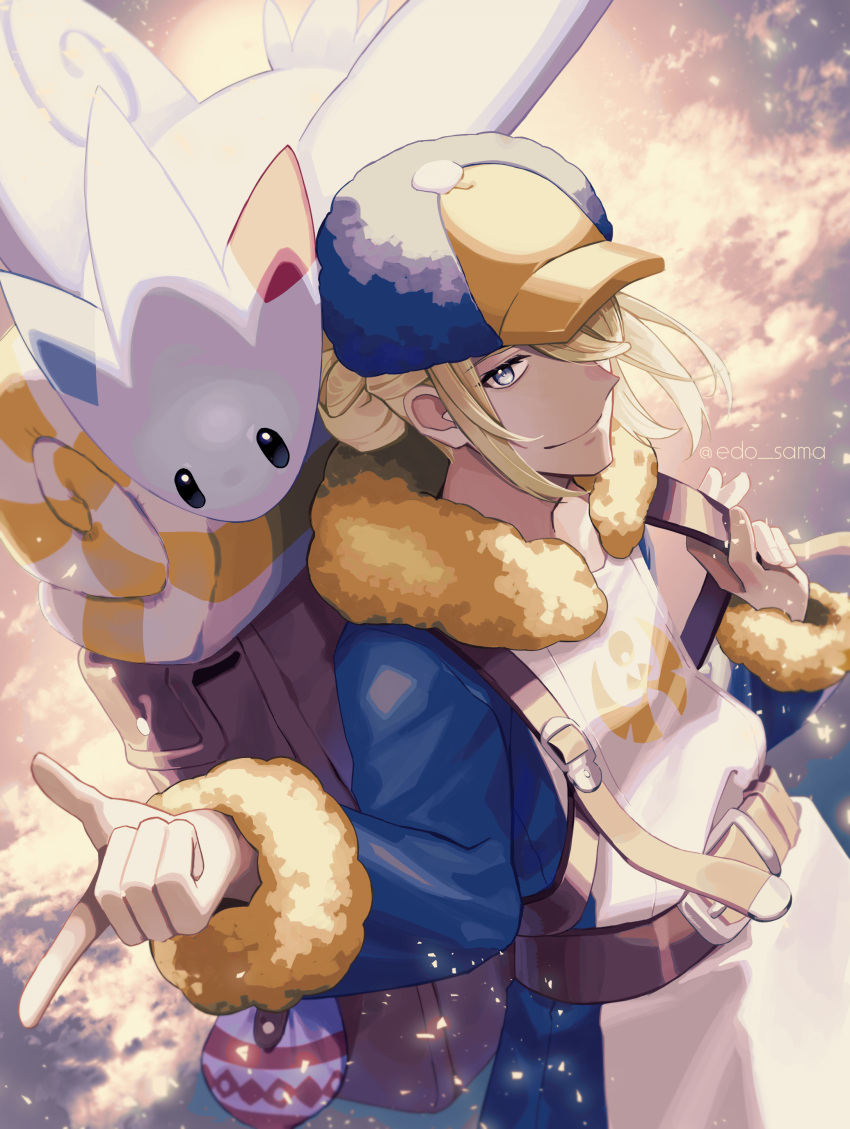1boy, absurdres, backpack, bag, belt, blonde_hair, blue_eyes, blue_headwear