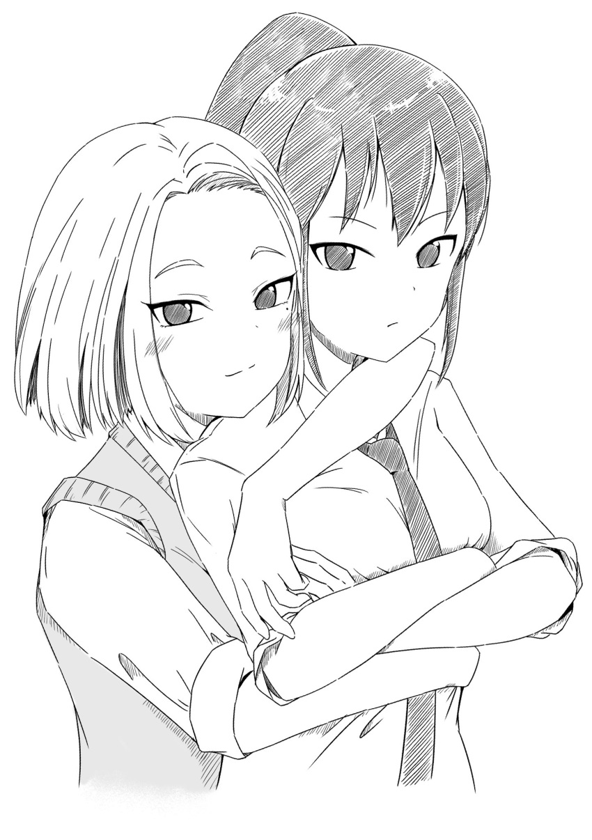 2girls, blush, crossed_arms, expressionless, forehead, highres, hug, hug_from_behind