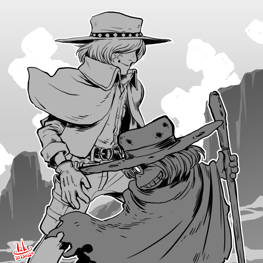 1970s_(style), 2boys, bullet_hole, cane, cloak, clouds, commentary_request, concealed_weapon