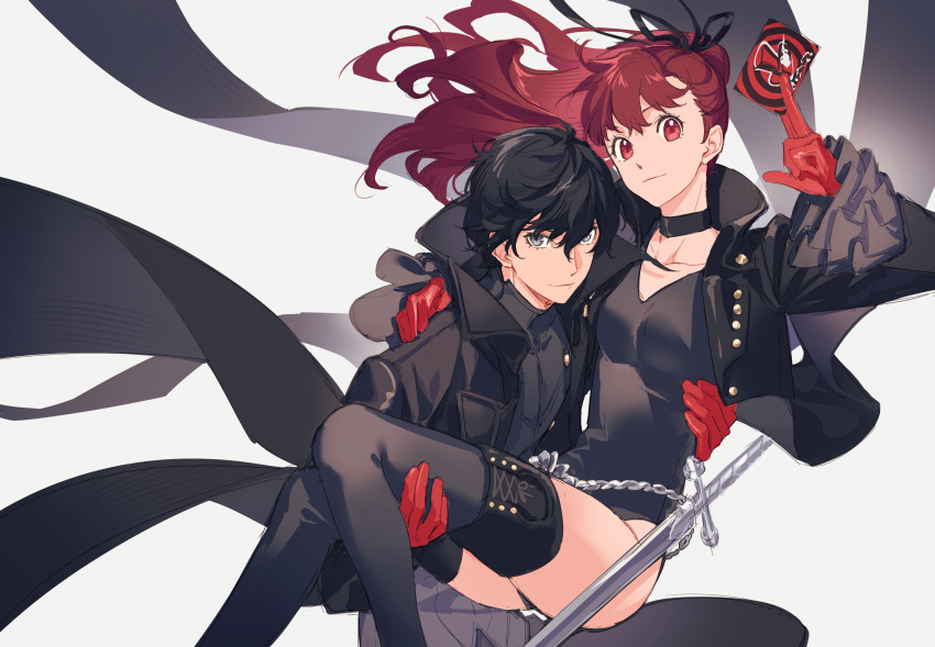 1boy, 1girl, absurdres, amamiya_ren, black_choker, black_eyes, black_jacket, black_leotard
