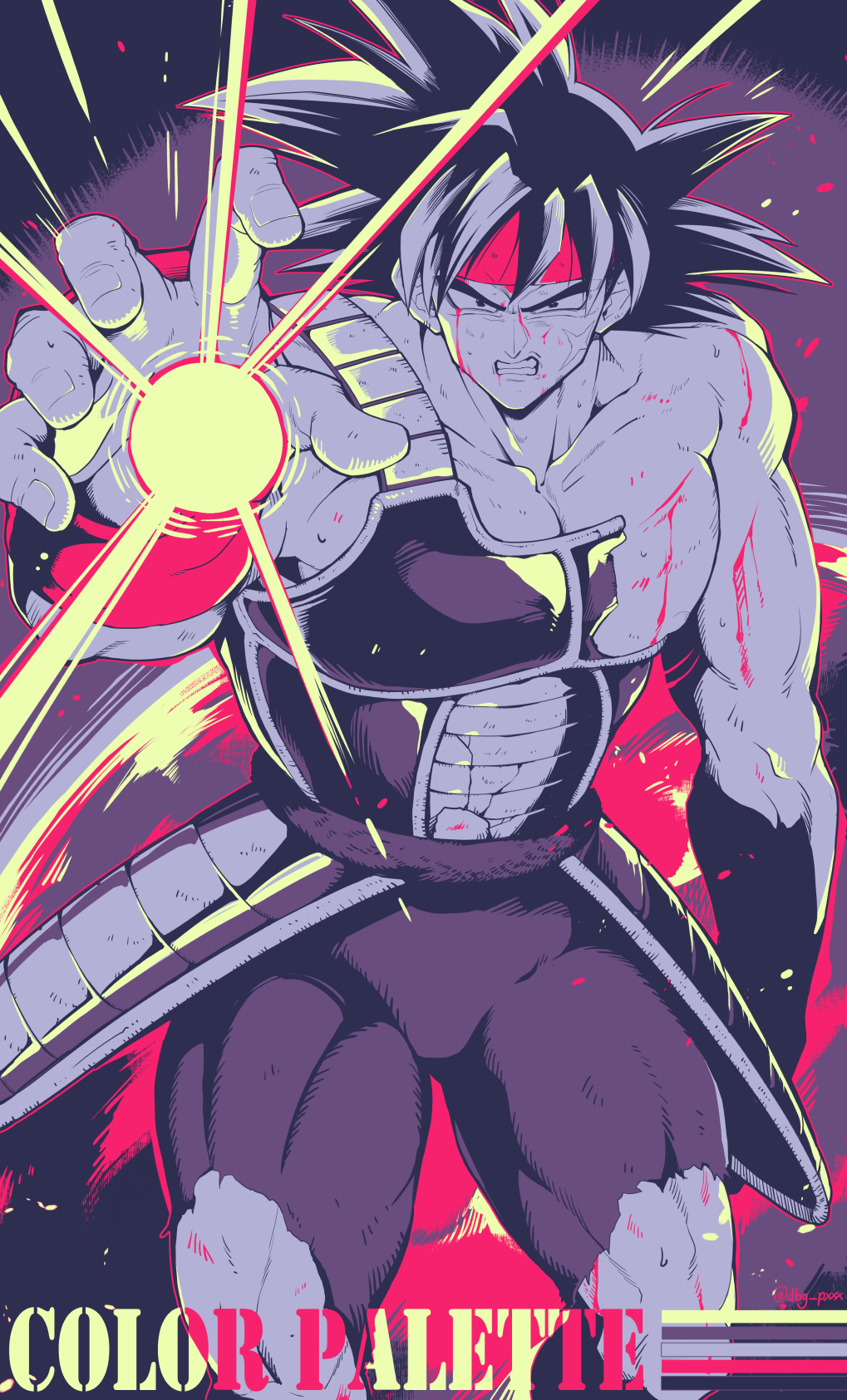 1boy, arm_up, armor, bardock, bb_m0024, biceps, black_eyes, black_hair, blood, blood_on_face, clenched_teeth, collarbone, color_guide, commentary_request, cowboy_shot, crack, dragon_ball, dragon_ball_z, energy, headband, highres, limited_palette, looking_at_viewer, male_focus, muscular, muscular_male, pants, pectorals, red_headband, red_wristband, saiyan_armor, scratches, short_hair, simple_background, solo, spiky_hair, standing, teeth, tight_clothes, tight_pants, torn_clothes, torn_pants, v-shaped_eyebrows, wristband