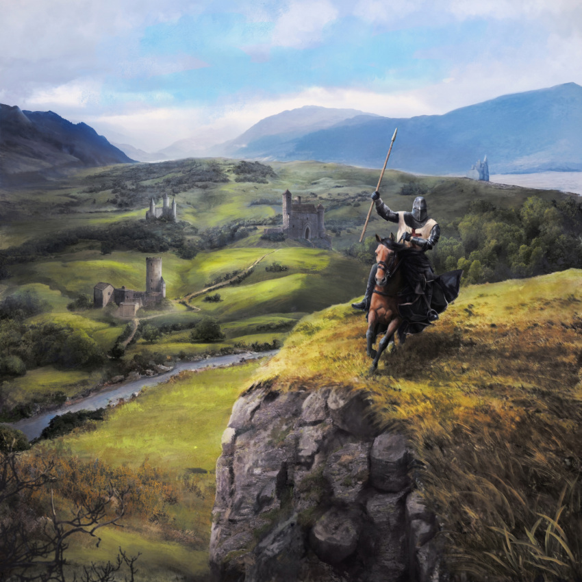 1other, ambiguous_gender, animal, arch, arm_guards, armor, baldurrka, bare_tree, blue_sky, boots, brown_fur, building, castle, cliff, clouds, cloudy_sky, commentary, cross, cross_print, day, english_commentary, european_architecture, facing_viewer, full_armor, gauntlets, grass, grey_headwear, helmet, highres, holding, holding_polearm, holding_reins, holding_weapon, horse, horseback_riding, knight, medieval, mountainous_horizon, original, other_focus, outdoors, polearm, reins, riding, river, road, rock, sabaton, scenery, sky, solo, tabard, tree, weapon, white_tabard, wide_shot