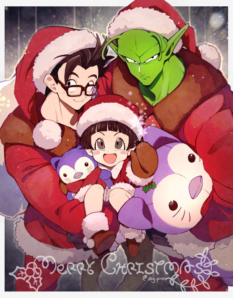 1girl, 2boys, :d, antennae, bb_m0024, black-framed_eyewear, black_eyes, black_gloves
