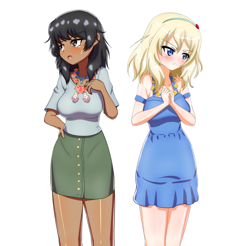 2girls, andou_(girls_und_panzer), black_eyes, black_hair, blonde_hair, blue_dress, blue_eyes, blue_hairband