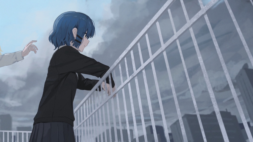 2girls, against_railing, arm_rest, black_cardigan, black_skirt, blue_hair, blue_sky, blunt_ends