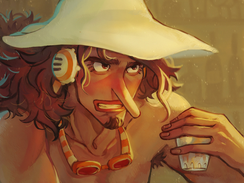 1boy, absurdres, black_hair, blush, dark_skin, drunk, earmuffs, facial_hair, glass, goatee, goggles, goggles_around_neck, hat, highres, just_noi, long_nose, medium_hair, one_piece, topless_male, usopp