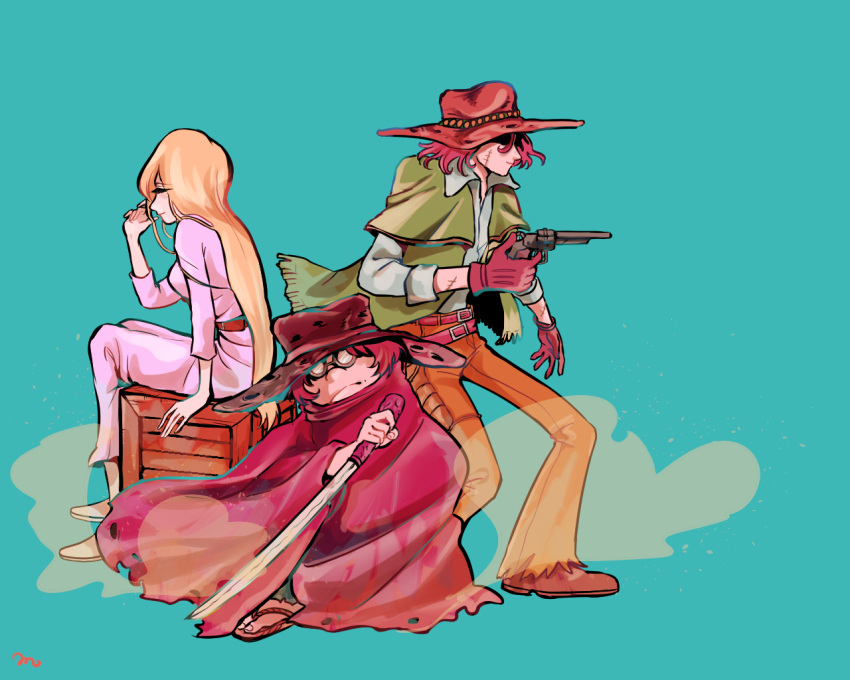 1970s_(style), 1girl, 2boys, blonde_hair, brown_hair, bullet_hole, cane, cloak