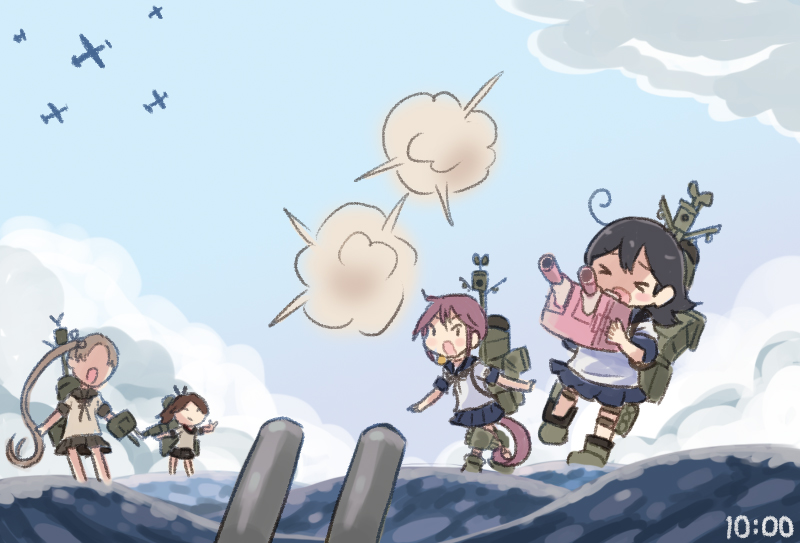 >_<, 4girls, ahoge, akebono_(kancolle), ayanami_(kancolle), black_hair, black_sailor_collar, black_skirt