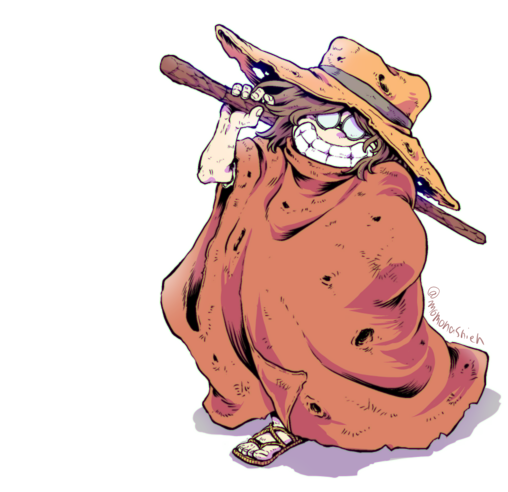 1970s_(style), 1boy, brown_hair, bullet_hole, cane, cloak, commentary_request, cowboy_hat, cowboy_western, dirty, glasses, grin, gun_frontier_(western), hat, hood, hooded_cloak, looking_at_viewer, matsumoto_leiji_(style), momonashien, ooyama_toshiro, retro_artstyle, sandals, shikomizue, signature, simple_background, smile, solo, stick, sword, teeth, torn_clothes, weapon