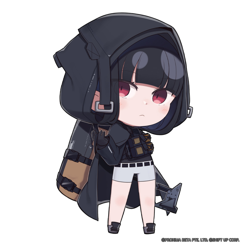 1girl, axe, belt, black_belt, black_gloves, black_hair, blunt_bangs, chibi
