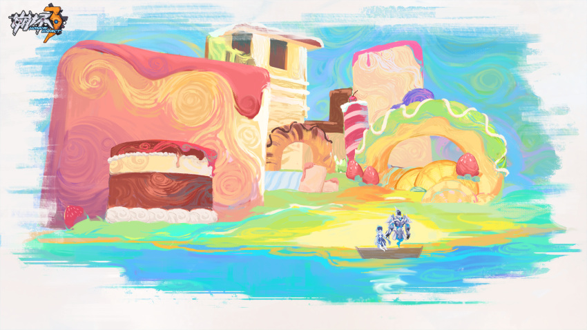 1boy, 1girl, beret, black_headwear, blue_hair, boat, cake, candy
