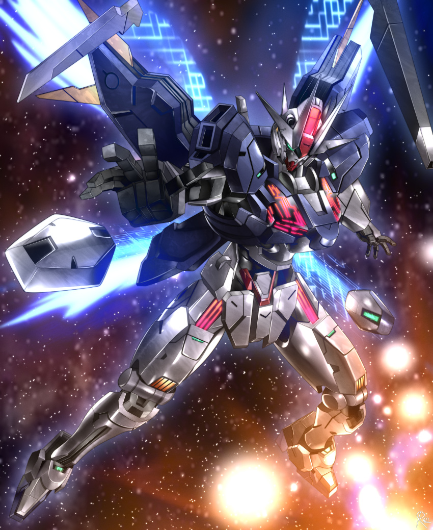absurdres, bit_(gundam), english_commentary, exhaust, glowing, green_eyes, gundam, gundam_aerial_rebuild, gundam_suisei_no_majo, highres, light_particles, looking_at_viewer, mecha, mobile_suit, no_humans, reiei_8, robot, space, star_(sky), thrusters, v-fin, weapon, zero_gravity