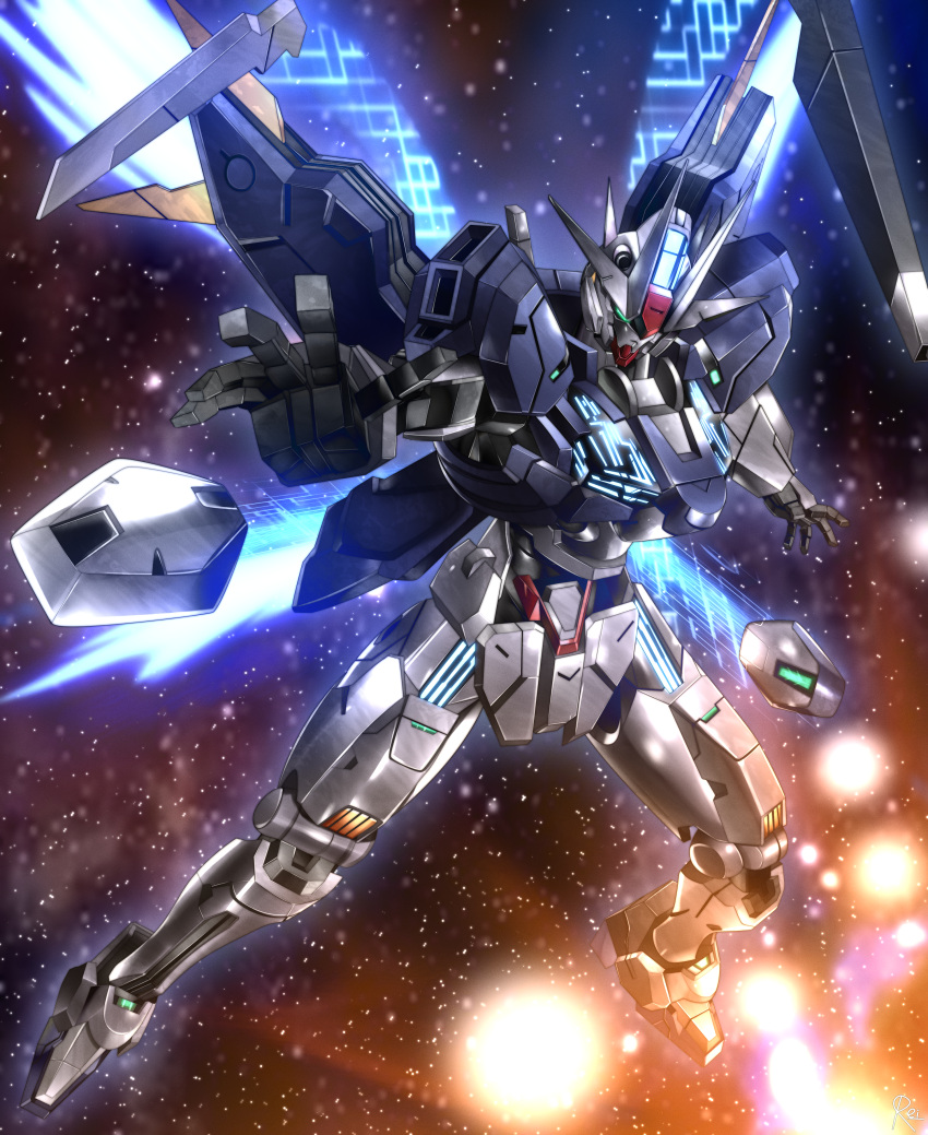 absurdres, bit_(gundam), english_commentary, exhaust, glowing, green_eyes, gundam, gundam_aerial_rebuild, gundam_suisei_no_majo, highres, light_particles, looking_at_viewer, mecha, mobile_suit, no_humans, reiei_8, robot, space, star_(sky), thrusters, v-fin, weapon, zero_gravity