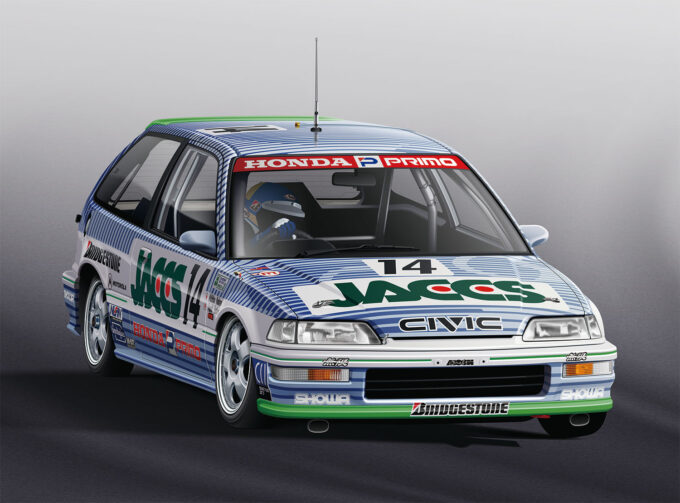 1other, ambiguous_gender, blue_gloves, blue_headwear, car, gloves, grey_background, helmet, honda, honda_civic, honda_civic_type_r, motor_vehicle, original, race_vehicle, racecar, radio_antenna, shadow, solo, tada_makoto, vehicle_focus