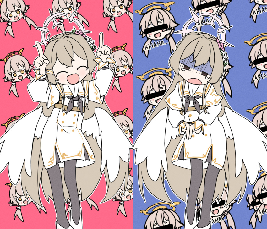 2girls, ^_^, amai_nekuta, angel_wings, blue_archive, blush, capelet, closed_eyes, commentary_request, flower, hair_flower, hair_ornament, halo, hifumi_(blue_archive), highres, internet_yamero_(meme), laughing, low_twintails, meme, multiple_girls, nagisa_(blue_archive), open_mouth, sad, sleeve_bow, smile, twintails, two-tone_background, white_capelet, white_footwear, white_wings, wings