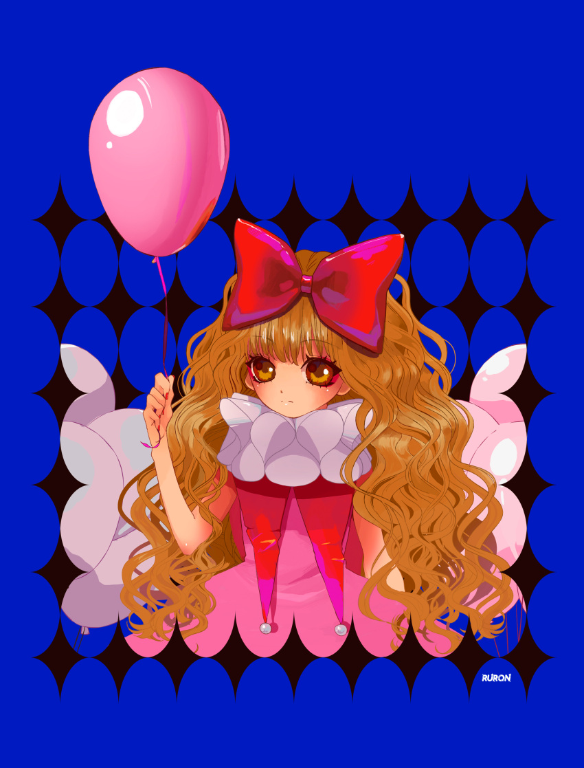 1girl, absurdres, artist_name, balloon, blonde_hair, blue_background, blush, bow