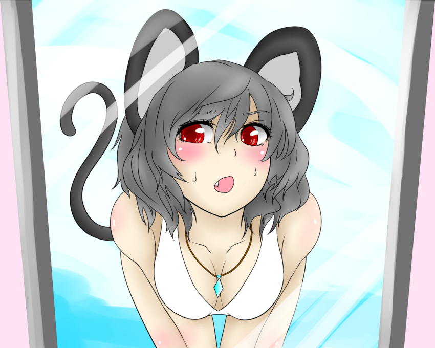 bad_id, bent_over, bikini, blush, breasts, cleavage, down_blouse, fang, grey_hair, jewelry, leaning_forward, mirror, moniringo, mouse_ears, mouse_tail, nazrin, open_mouth, pendant, pov, red_eyes, short_hair, solo, swimsuit, tail, touhou