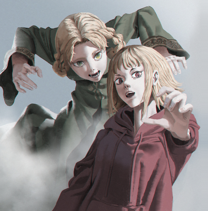 2girls, blonde_hair, chainsaw_man, crossover, dress, elden_ring, green_dress, green_eyes