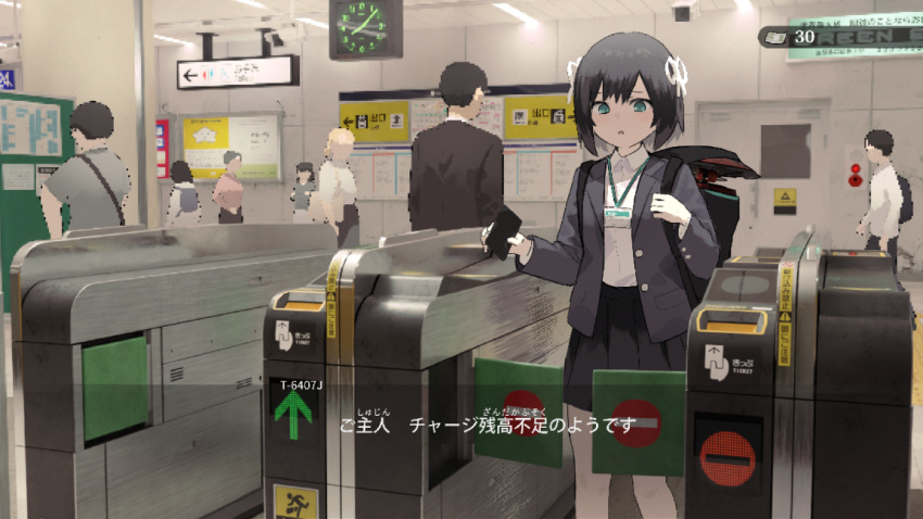 backpack, bag, black_hair, ceiling_light, clock, drone, fake_screenshot, fare_gate