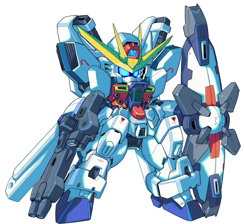 after_war_gundam_x, beam_rifle, blue_eyes, chibi, commentary_request, energy_gun, gun, gundam