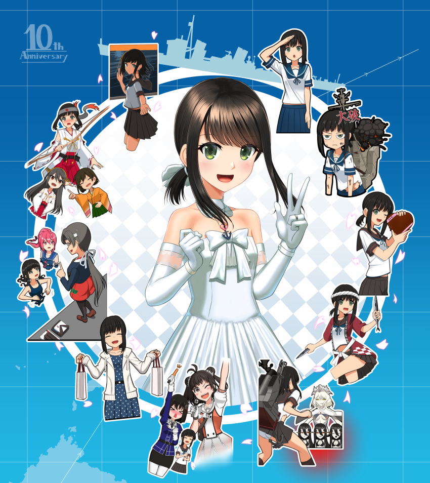 6+girls, abyssal_ship, animal, anniversary, antenna_hair, black_hair, black_neckerchief, black_sailor_collar