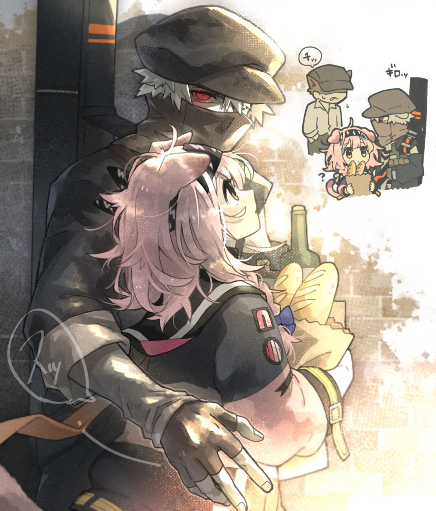 1girl, 2boys, ?, ahoge, animal_ears, arknights, bag, baguette