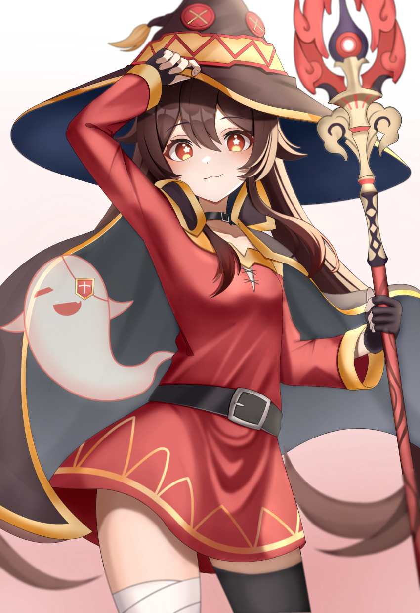 1girl, :3, absurdres, adjusting_clothes, adjusting_headwear, alternate_costume, asymmetrical_legwear, bandaged_leg